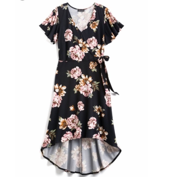 Fortune & Ivy Dresses Fortune Ivy Faux Wrapped Navy Floral Knit